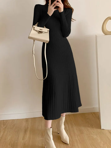 Getadme Autumn Winter  Slim Long Sleeve Party Midi Dress for Women Knitted Half High Collar Elegant Knitted Sweater Dresses Ladies
